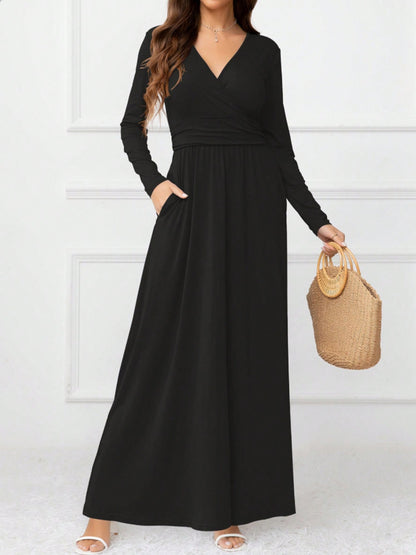 Pocketed Surplice Long Sleeve Maxi Dress