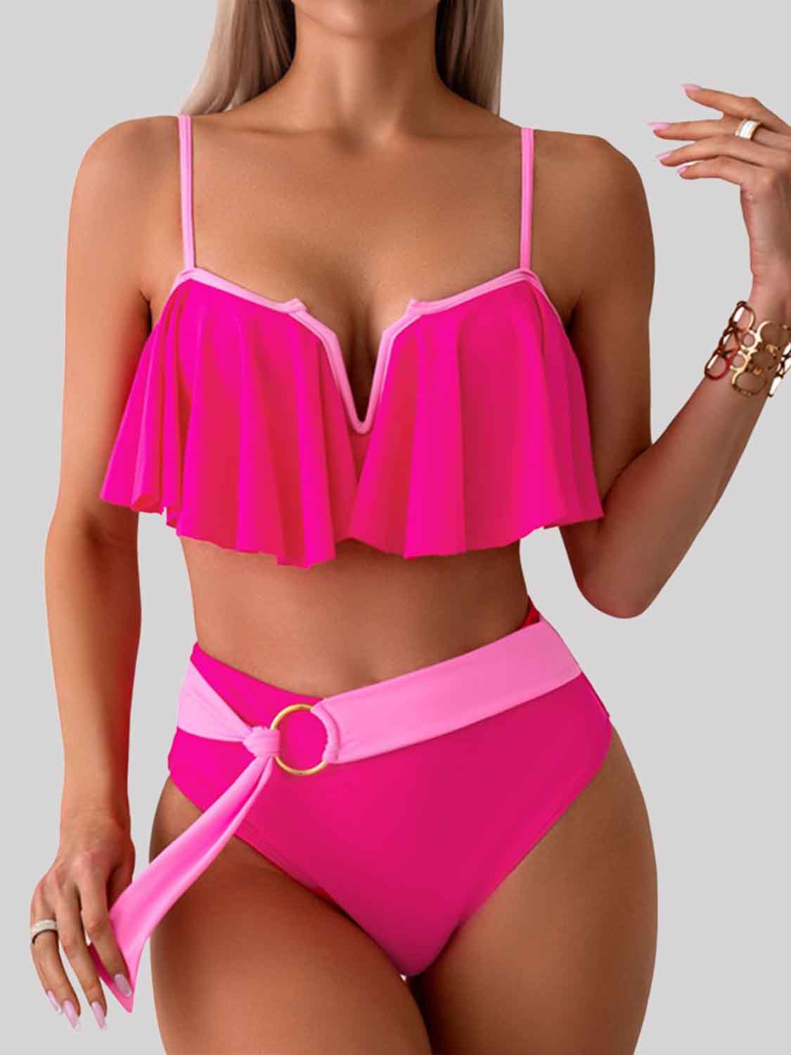 Spaghetti Strap Notched Bikini Set Hot Pink