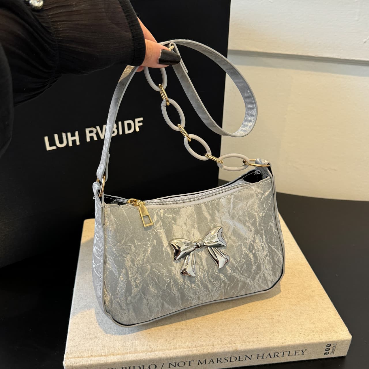 Bow PU Leather Shoulder Bag Silver One Size