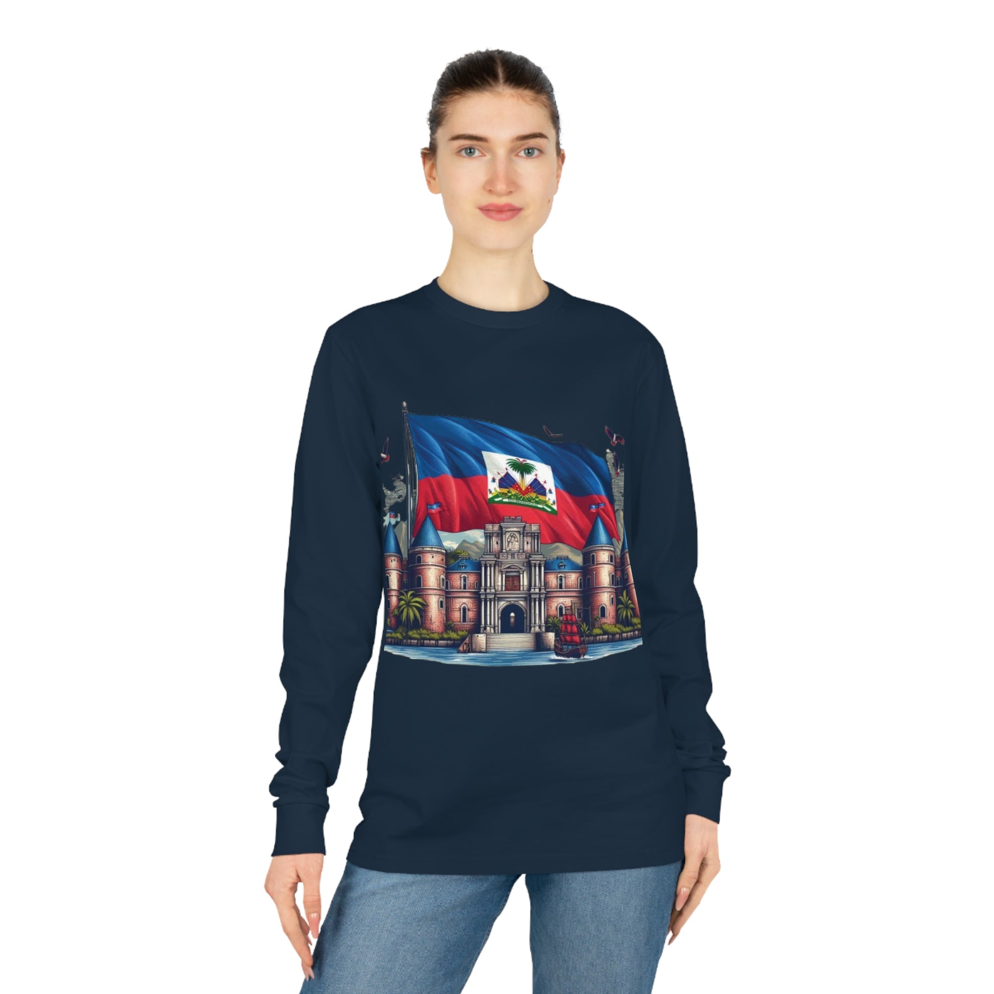 Haitian Flag Long Sleeve Tee, Citadelle Laferrière Design, Organic Cotton Shirt, Unisex Top, Holiday Gift