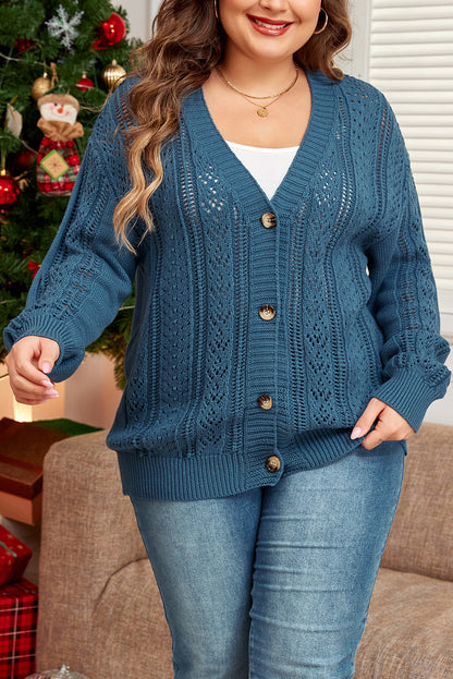 Real Teal Open Knit V Neck Button Front Drop Shoulder Plus Size Cardigan