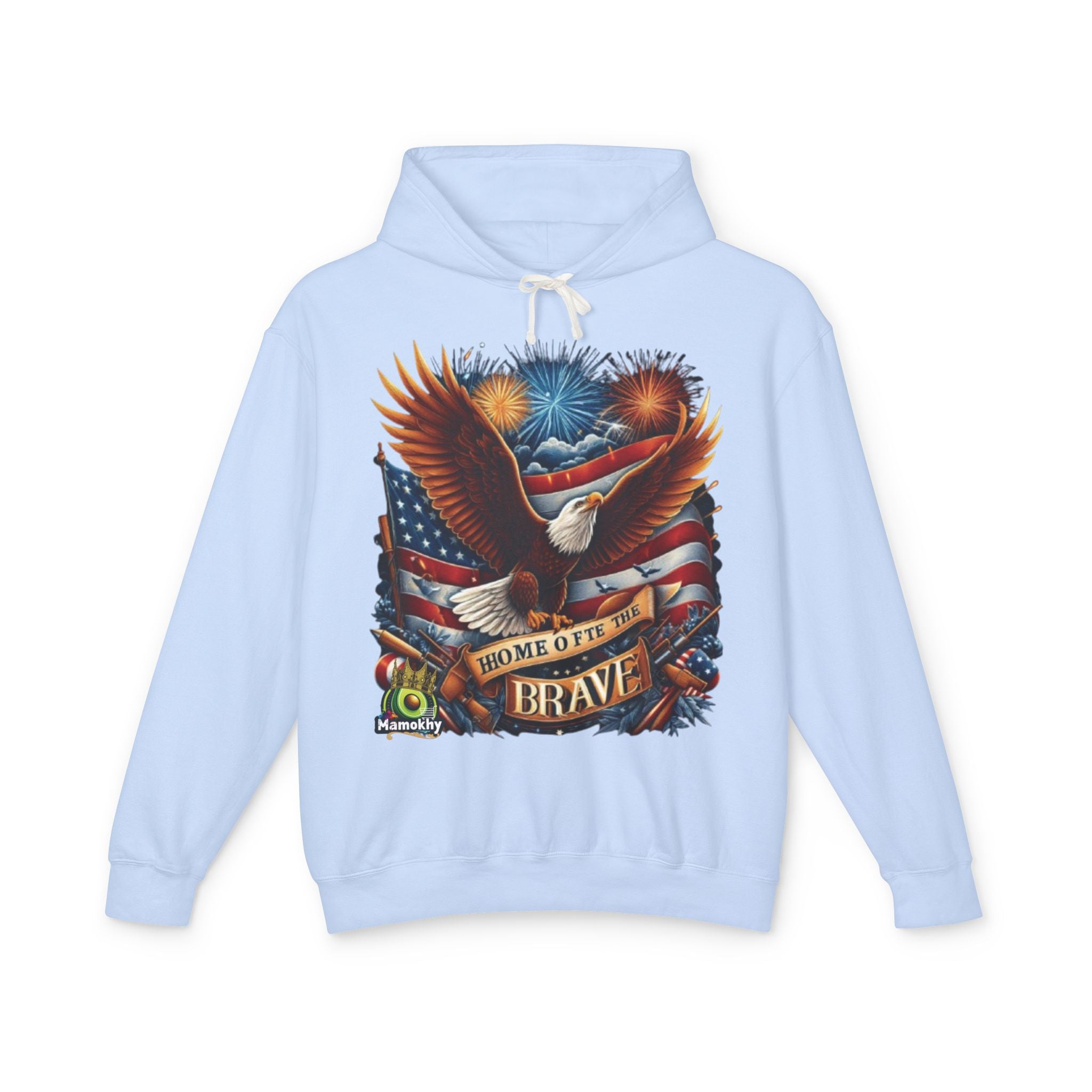 Hooded Sweatshirt - 'Home of the Brave' Bald Eagle Fireworks Illustration Hydrangea