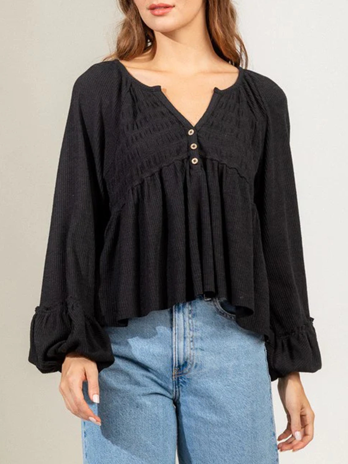 Notched Balloon Sleeve Peplum Blouse Black