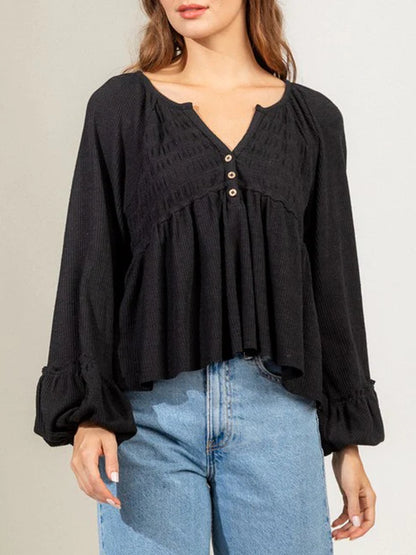 Notched Balloon Sleeve Peplum Blouse Black