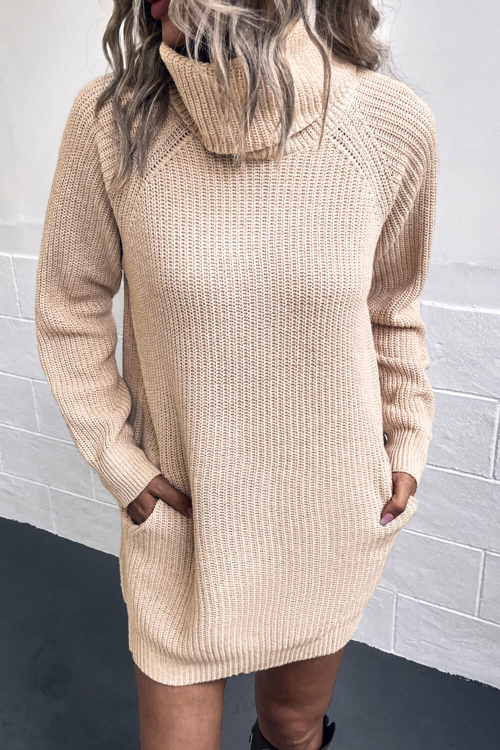 Turtleneck Sweater Dress with Pockets Beige