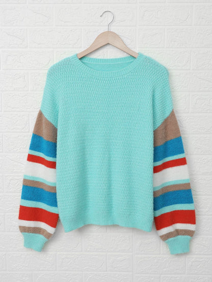 Striped Dropped Shoulder Crewneck Ribbed Trim Sweater