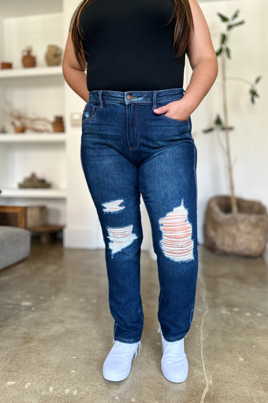 Judy Blue Full Size High Waist Rigid Magic Heavy Destroy Straight Jeans Dark