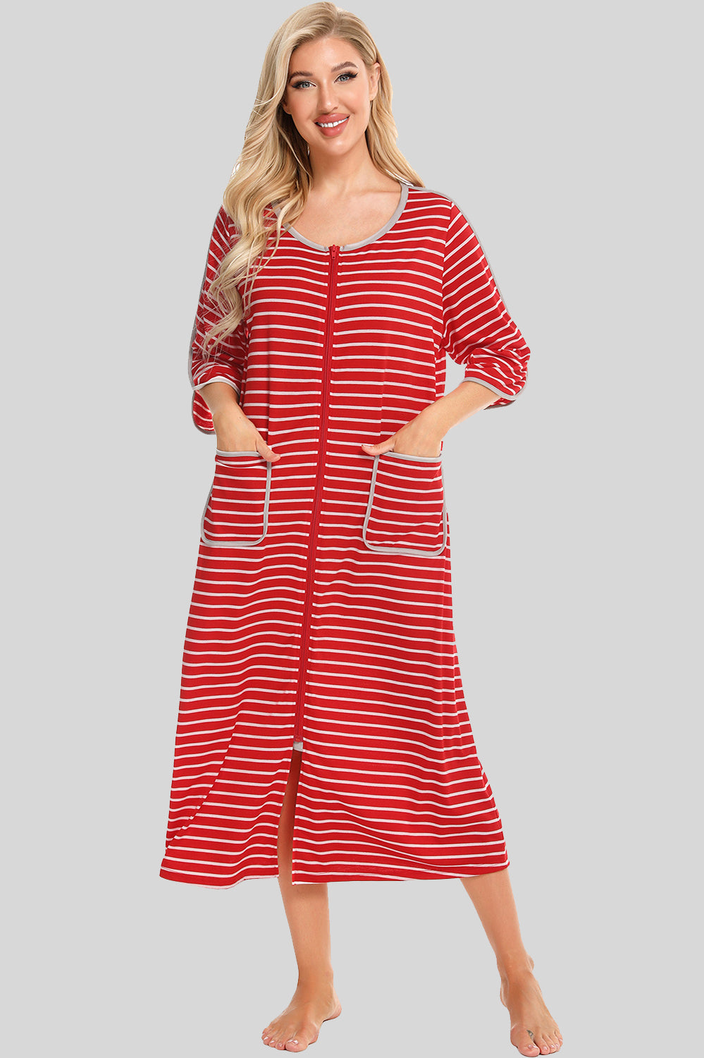 Round Neck Three-Quarter Sleeve Midi Night Dress Deep Red