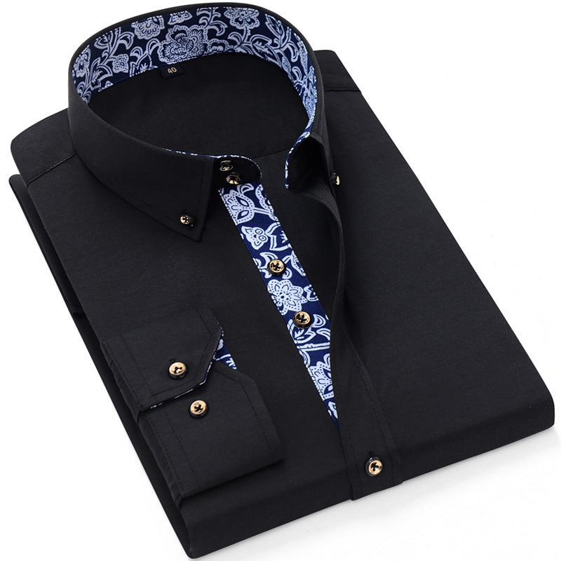 Blue And White Porcelain Collar Business Casual Long Sleeve Shirt Men Black