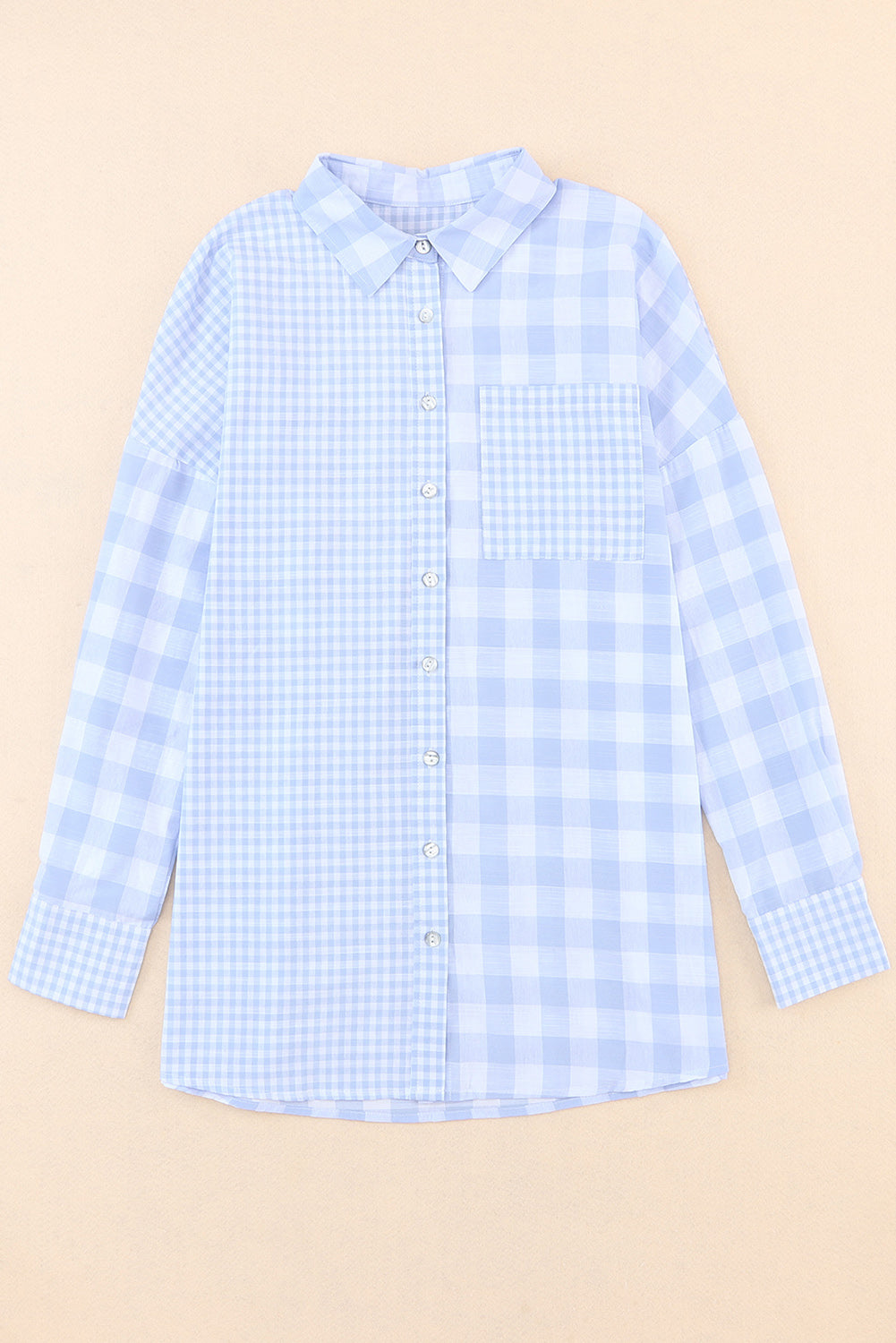 Pocketed Plaid Dropped Shoulder Shirt Light Blue