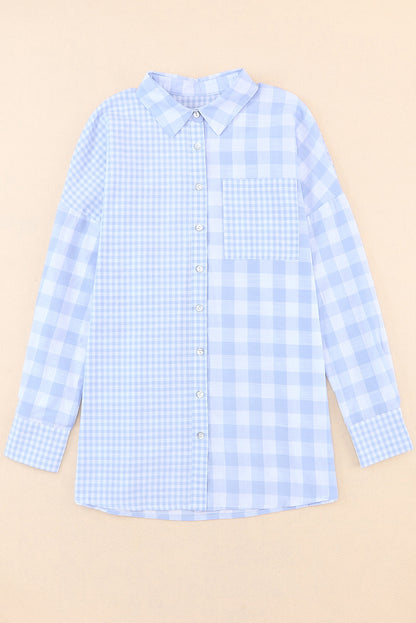 Pocketed Plaid Dropped Shoulder Shirt Light Blue