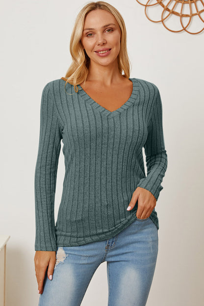 Basic Bae Full Size Ribbed V-Neck Long Sleeve T-Shirt Turquoise