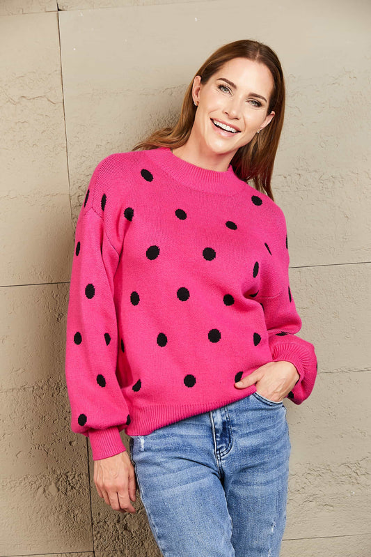 Woven Right Polka Dot Round Neck Dropped Shoulder Sweater Hot Pink