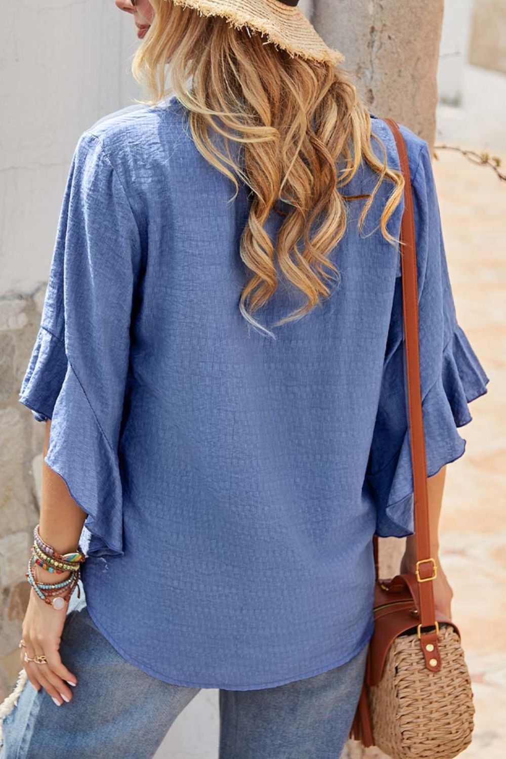 Notched Neck Flounce Sleeve Blouse