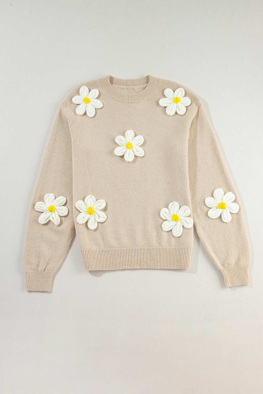 Crochet Flower Round Neck Long Sleeve Sweater Tan