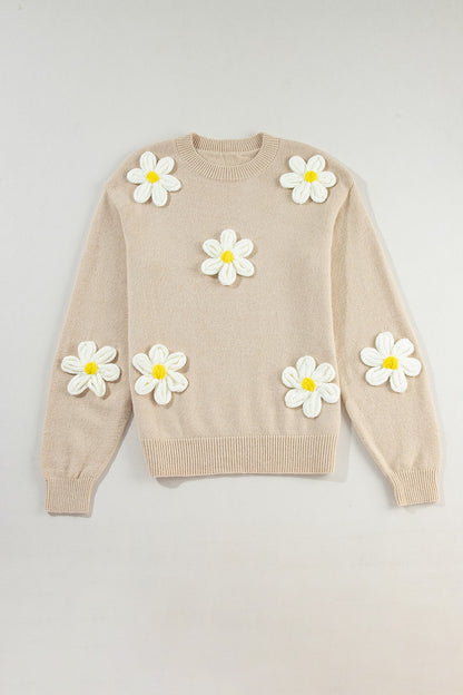 Crochet Flower Round Neck Long Sleeve Sweater Tan