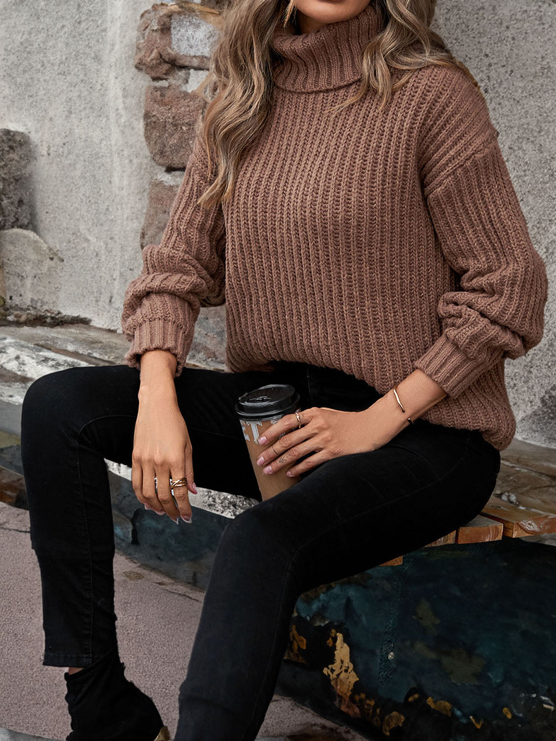 Turtleneck Dropped Shoulder Pullover Sweater