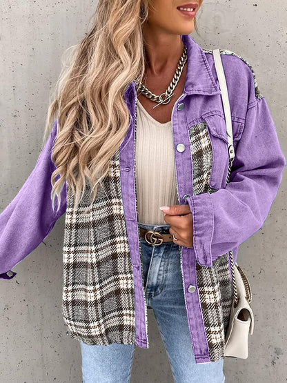 Plaid Button Up Dropped Shoulder Jacket Purple