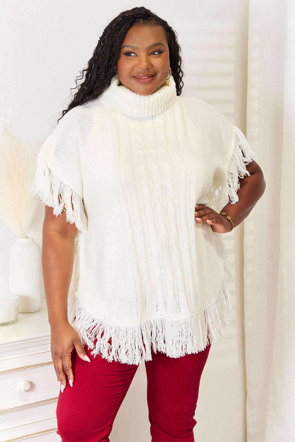 Justin Taylor Turtle Neck Fringe Poncho - Thandynie