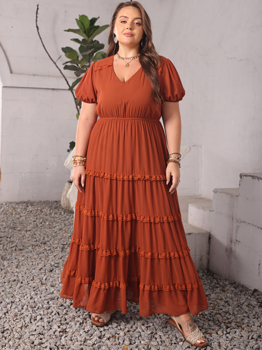 Plus Size Ruched Lace Detail V-Neck Short Sleeve Dress Rust