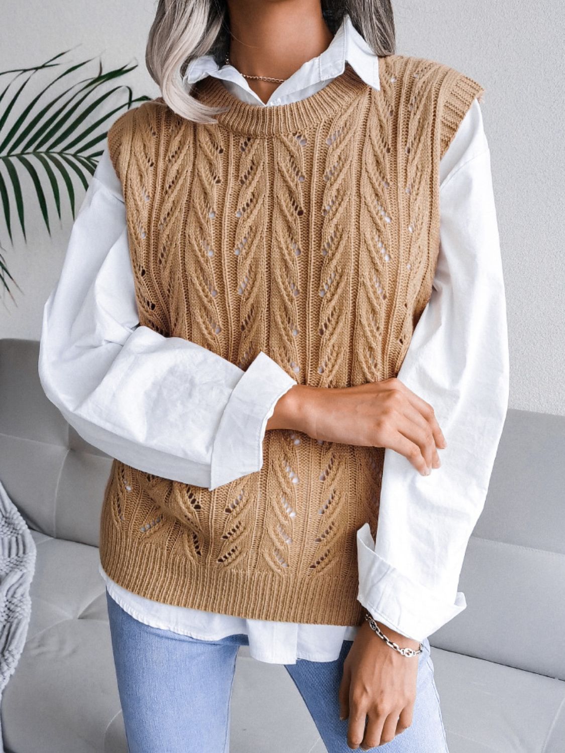 Round Neck Openwork Capped Sleeve Sweater Vest Khaki