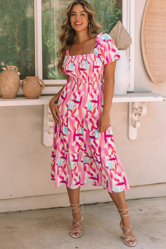 Pink Brush Stroke Printed Smocked Ruffle Tiered Dress Pink 100%Polyester