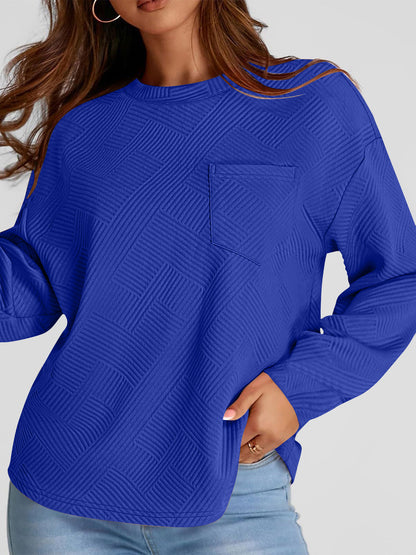 Full Size Texture Round Neck Long Sleeve Sweatshirt Royal Blue