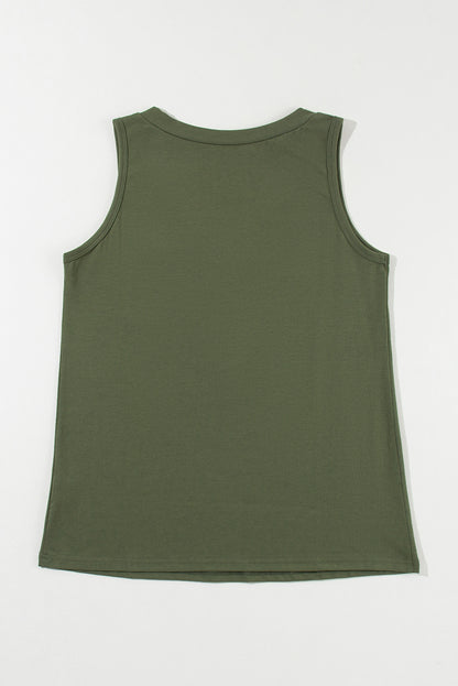 Jungle Green Half Button V Neck Patched Pocket Tank Top