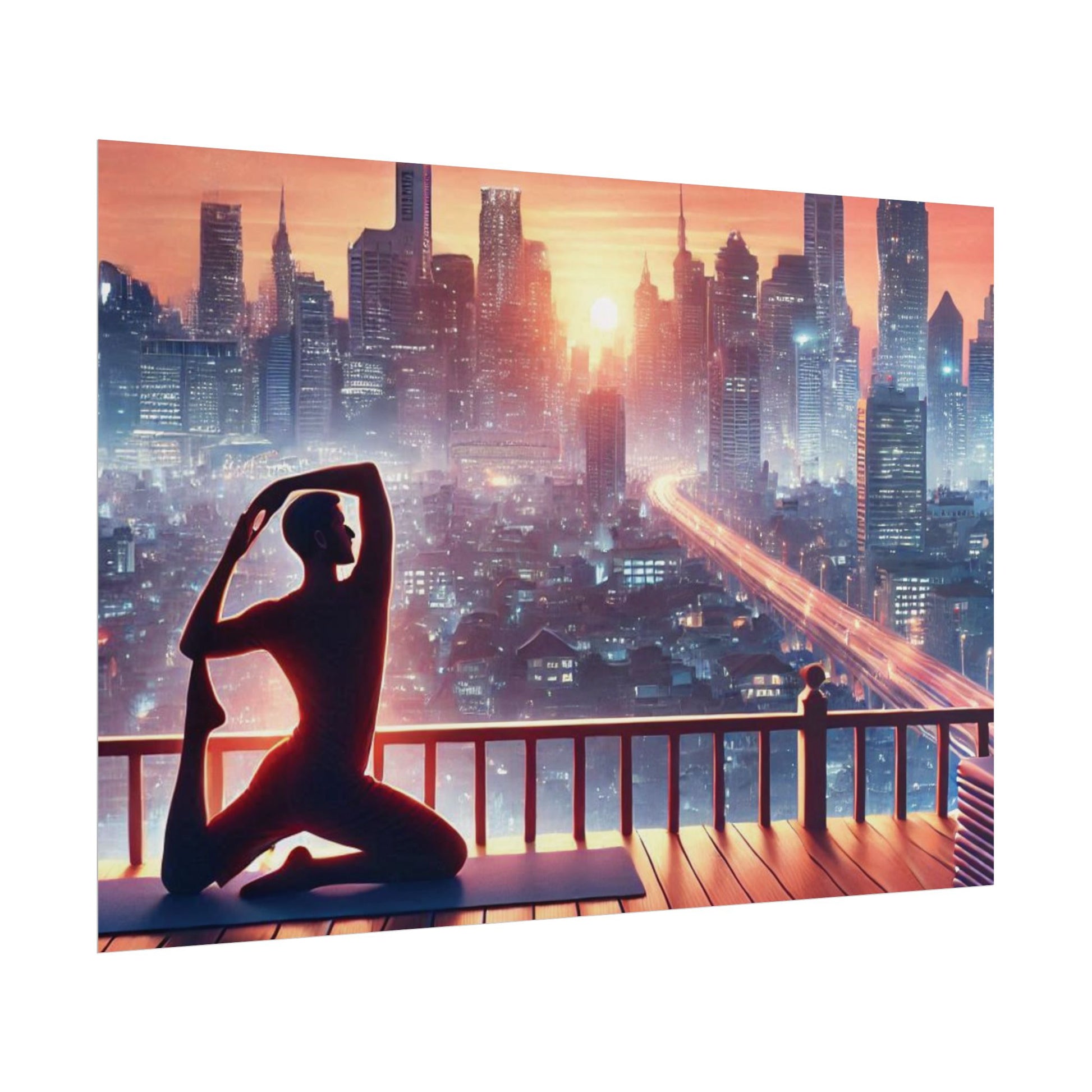 Yoga Poster, Cityscape Sunset Art, Rolled Wall Art, Pink Orange Skyline Decor, Urban Zen Meditation, Rooftop Exercise Print, Relaxation Gift