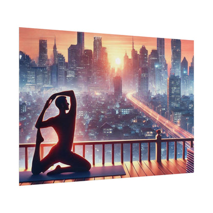 Yoga Poster, Cityscape Sunset Art, Rolled Wall Art, Pink Orange Skyline Decor, Urban Zen Meditation, Rooftop Exercise Print, Relaxation Gift