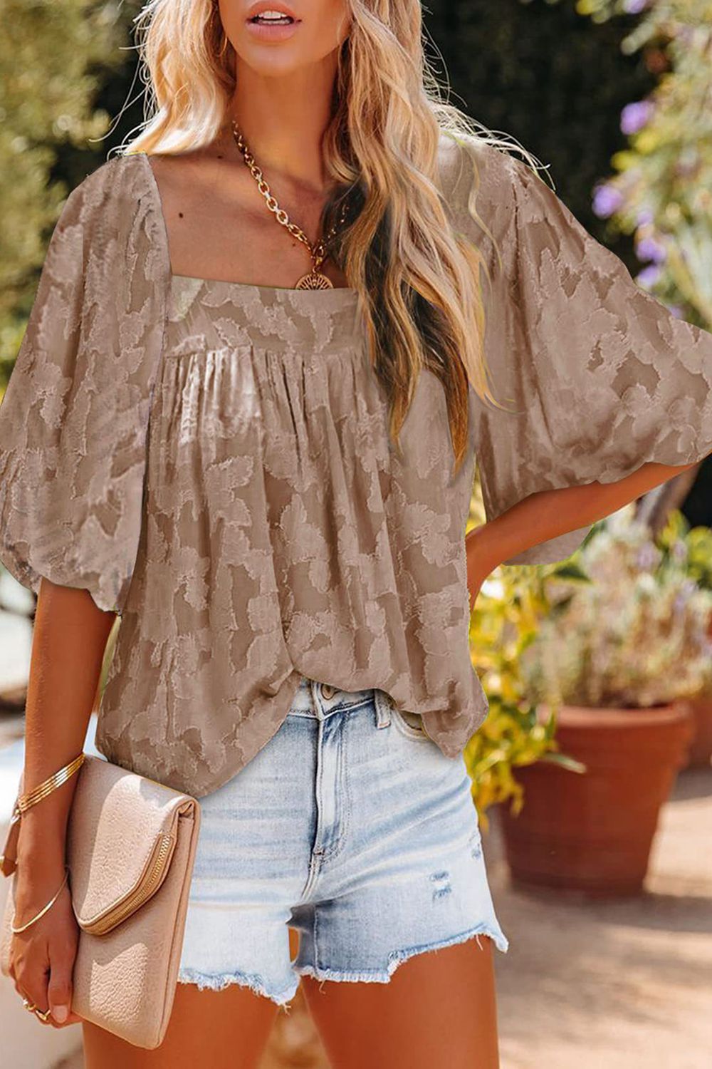 Square Neck Puff Sleeve Blouse Mocha