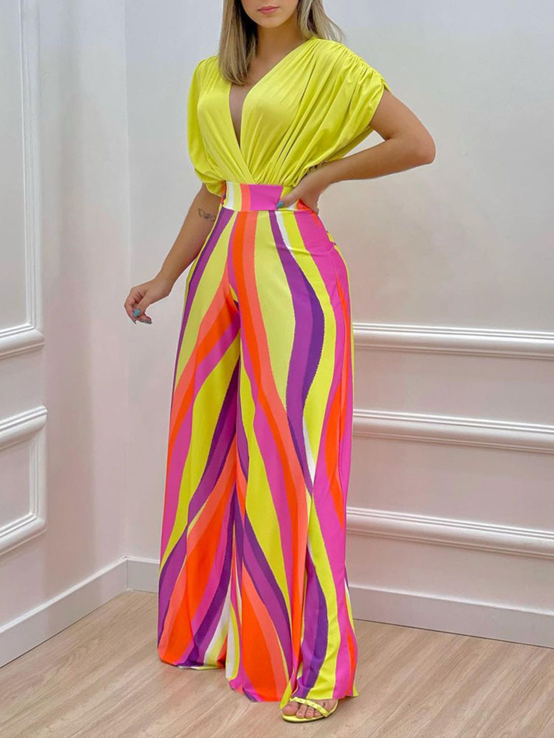 Printed Surplice Top and Wide Leg Pants Set Canary Yellow
