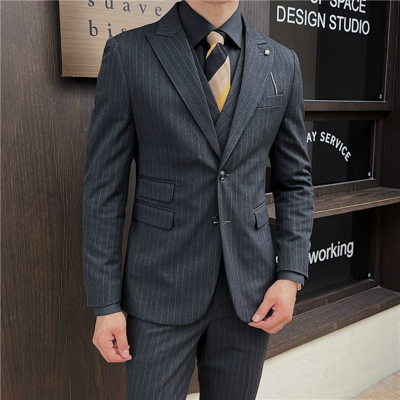 Men's British Slim-fitting Double Button Striped Suit Three-piece Suit