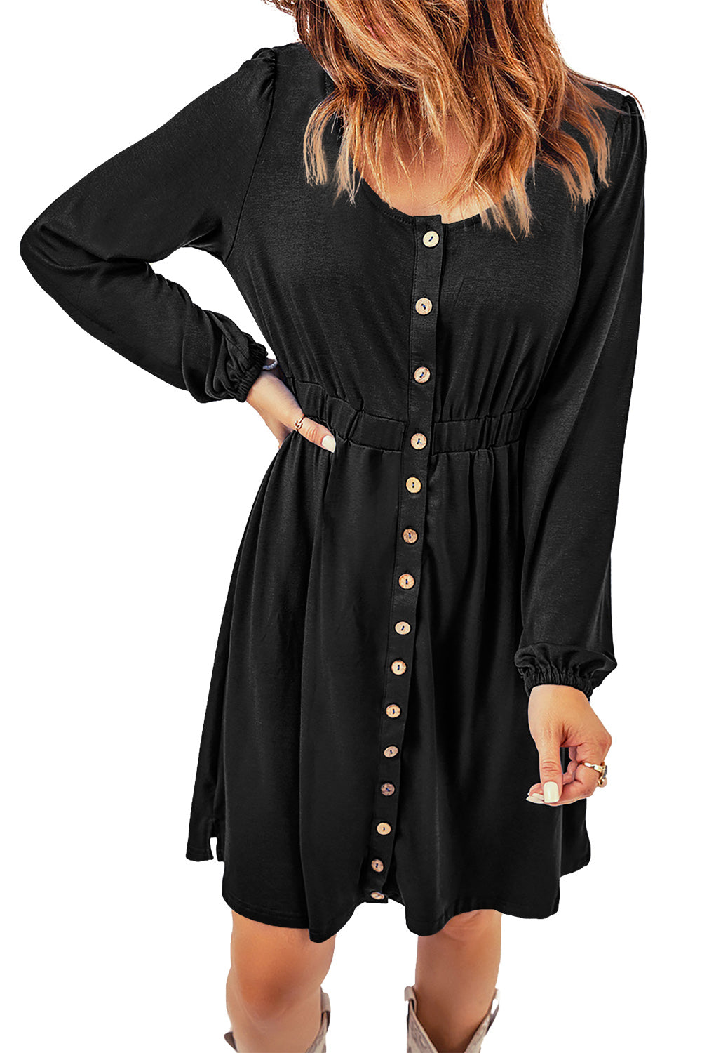 Black Button Up High Waist Long Sleeve Dress