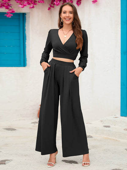 Surplice Top and Wide Leg Pants Set Black