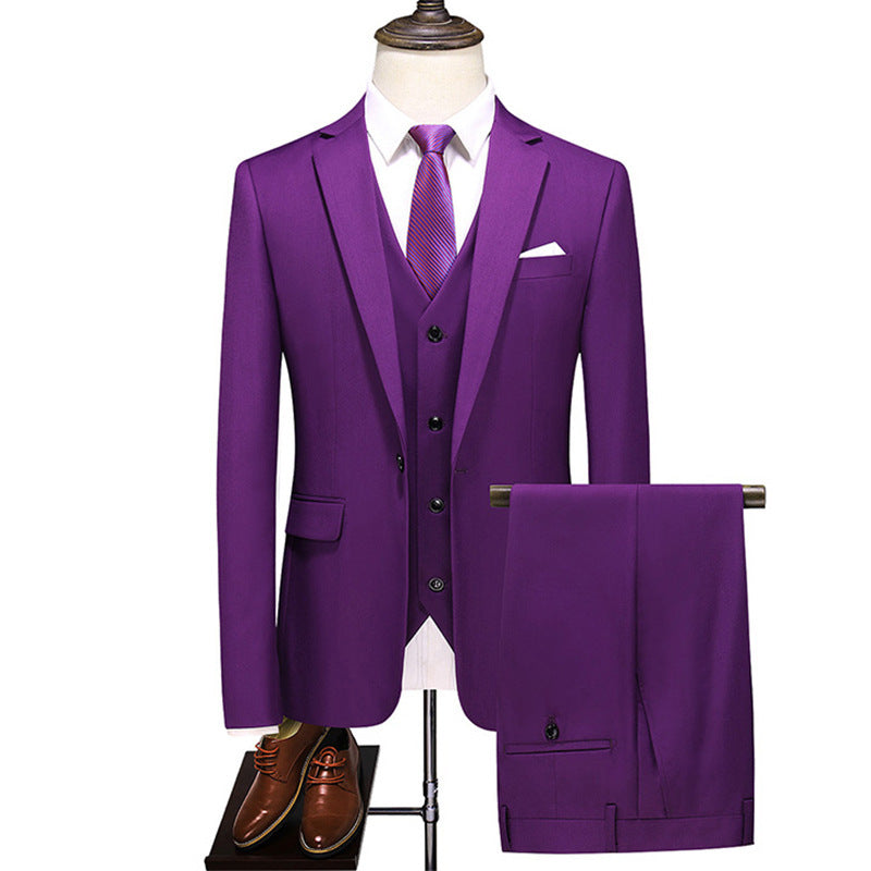 Men's Three-Piece Solid Color Suit for Evening Events, Banquets, or Weddings. Purple