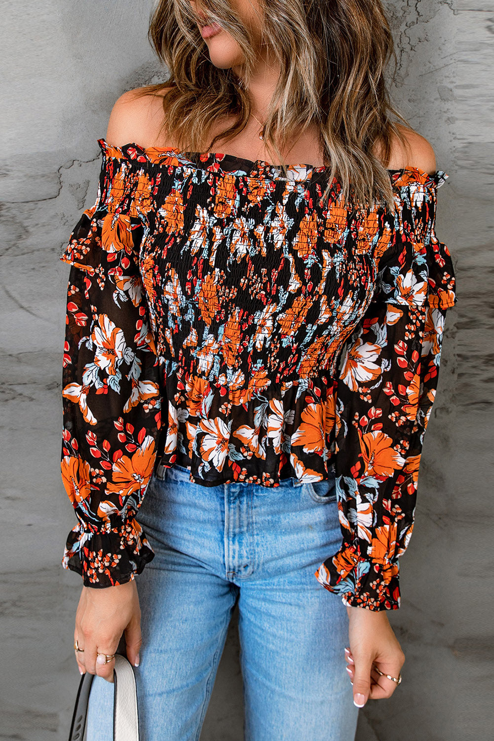 Floral Smocked Off-Shoulder Peplum Top - Thandynie