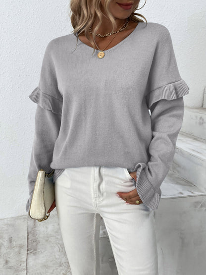 Ruffled V-Neck Dropped Shoulder Sweater Gray