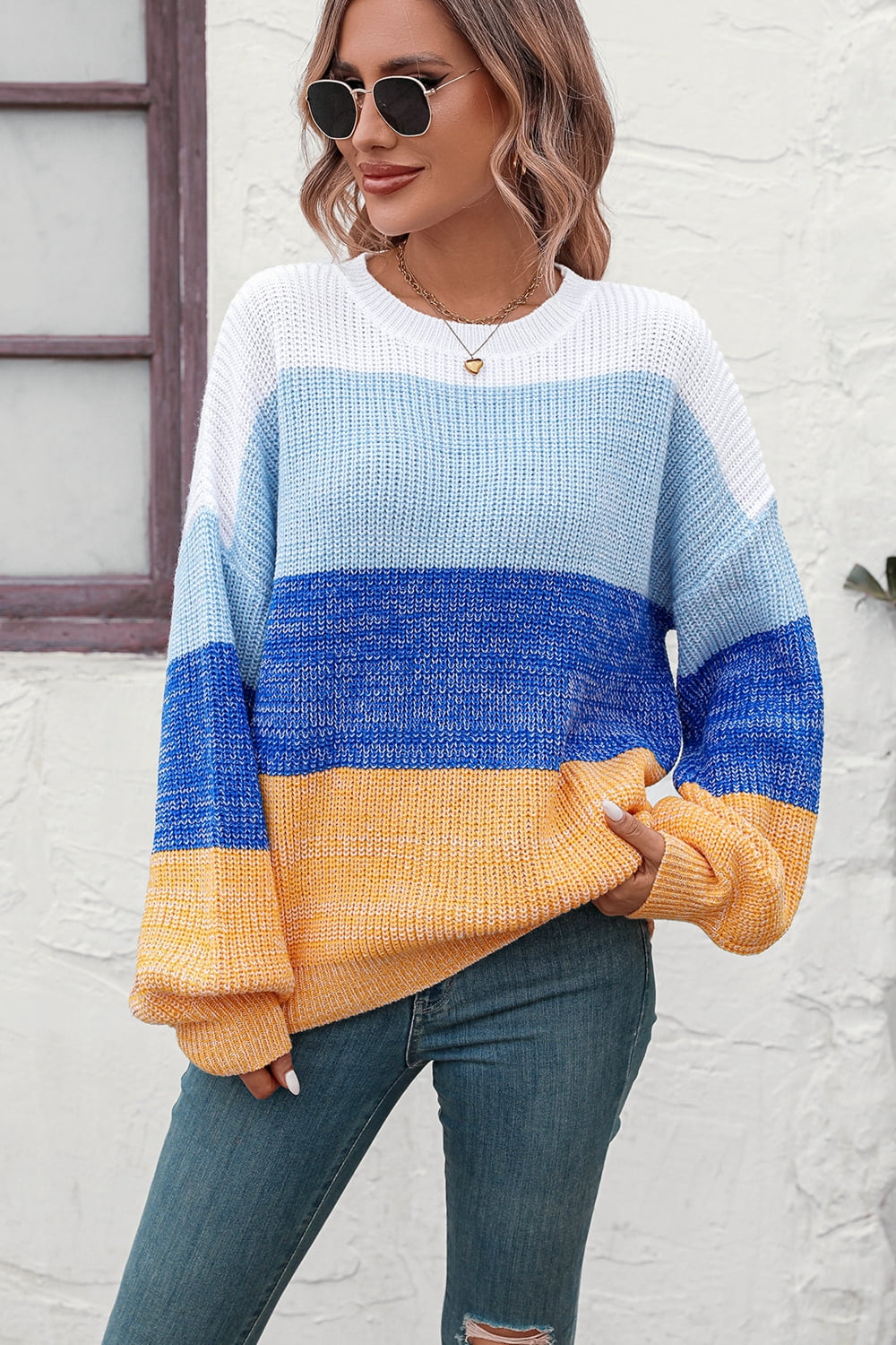 Round Neck Color Block Ribbed Pullover Sweater Blue