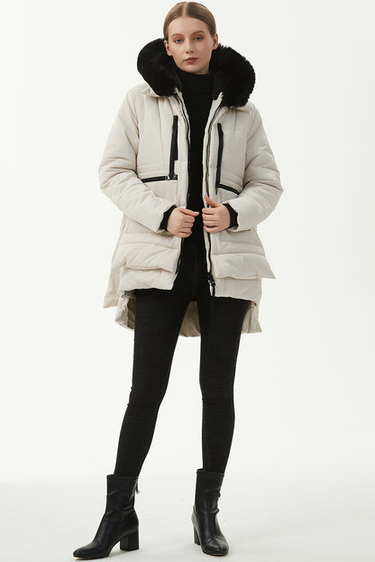 Beige Plush Linen Zip Up Hooded Puffer Coat