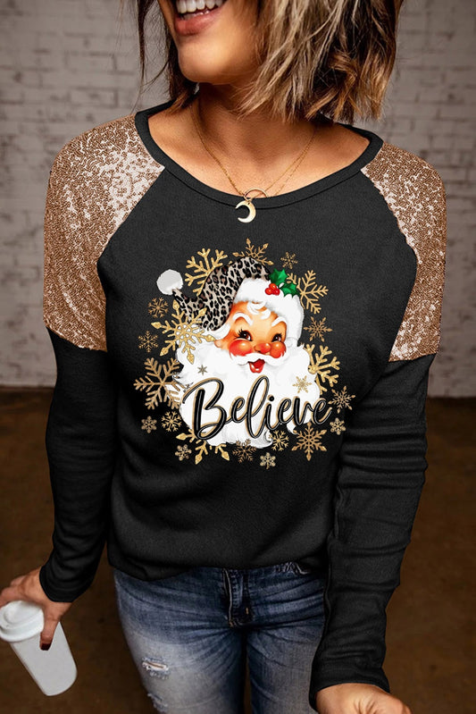 BELIEVE Sequin Long Sleeve Round Neck Blouse Black