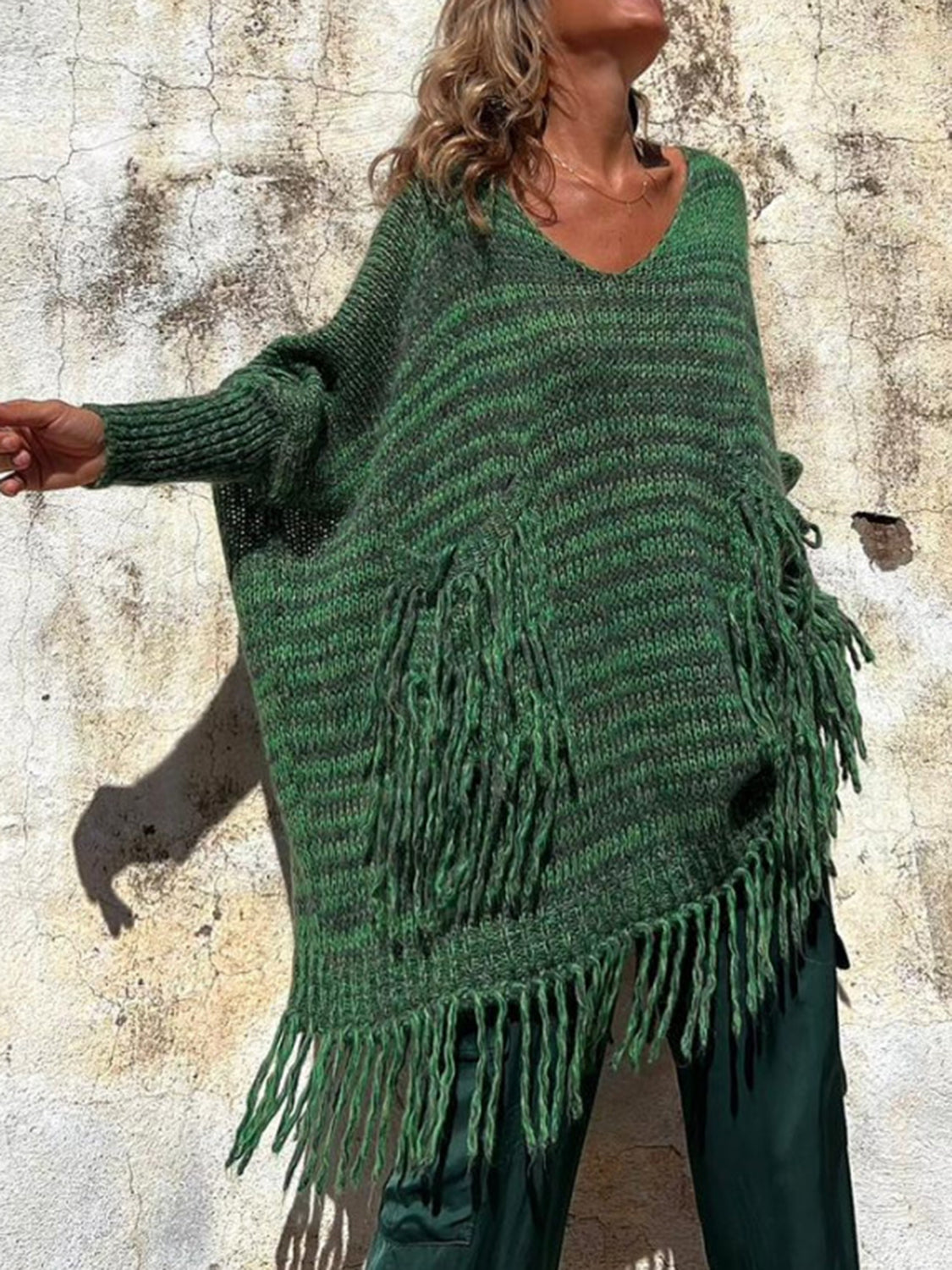 Fringe Detail Long Sleeve Sweater with Pockets Dark Green