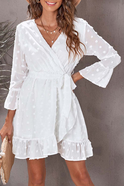 Swiss Dot Ruffled Tie-Waist Surplice Dress