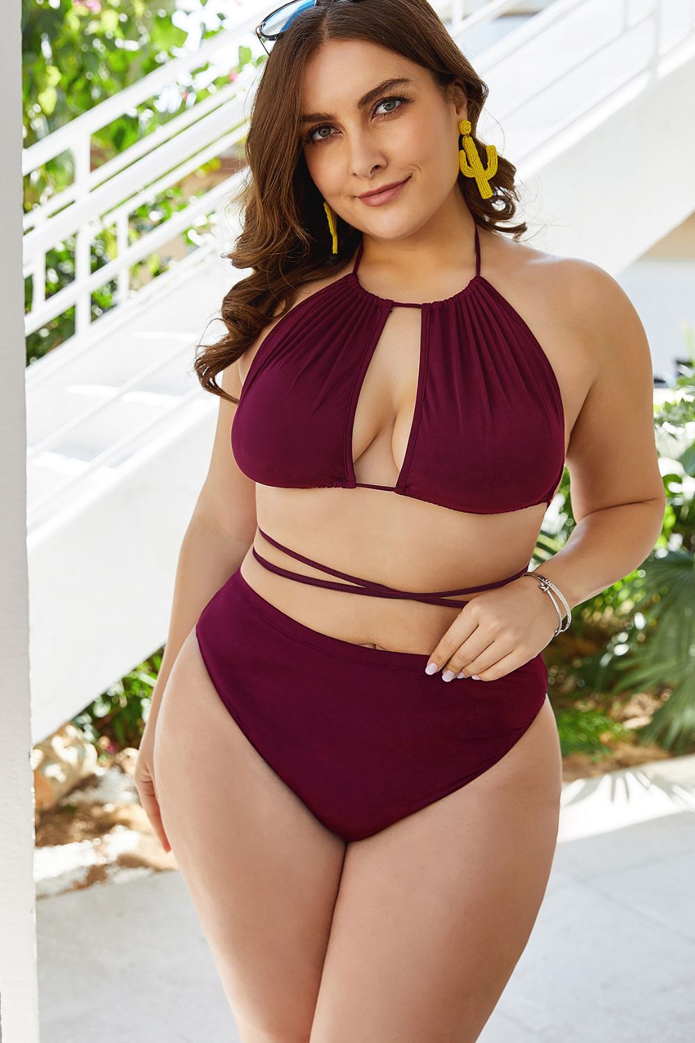 Plus Size Cutout Tied Backless Bikini Set Red