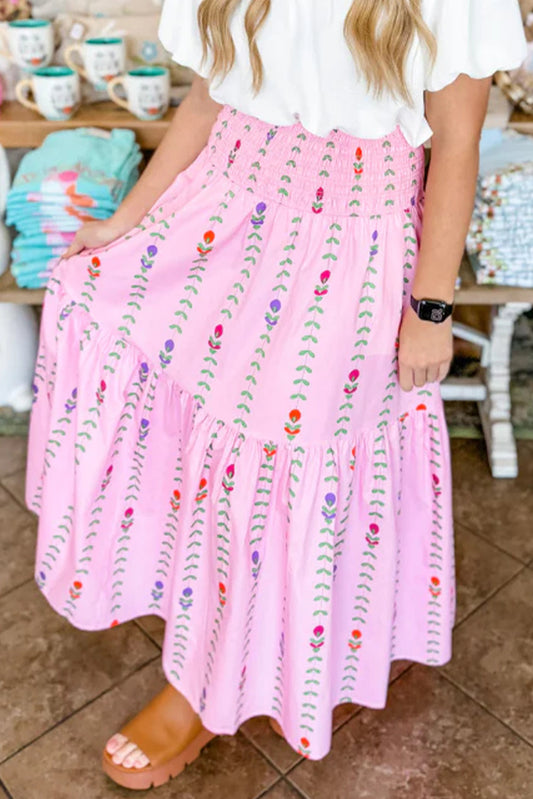 Pink Printed Smocked Tiered Maxi Skirt Pink 100%Polyester