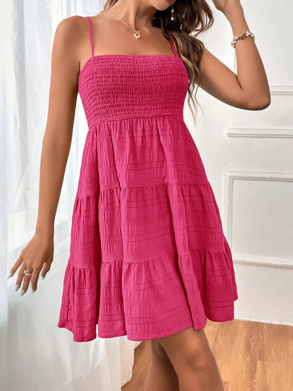 Smocked Tiered Sleeveless Mini Dress - 100% Polyester, Opaque, Chic Summer Style