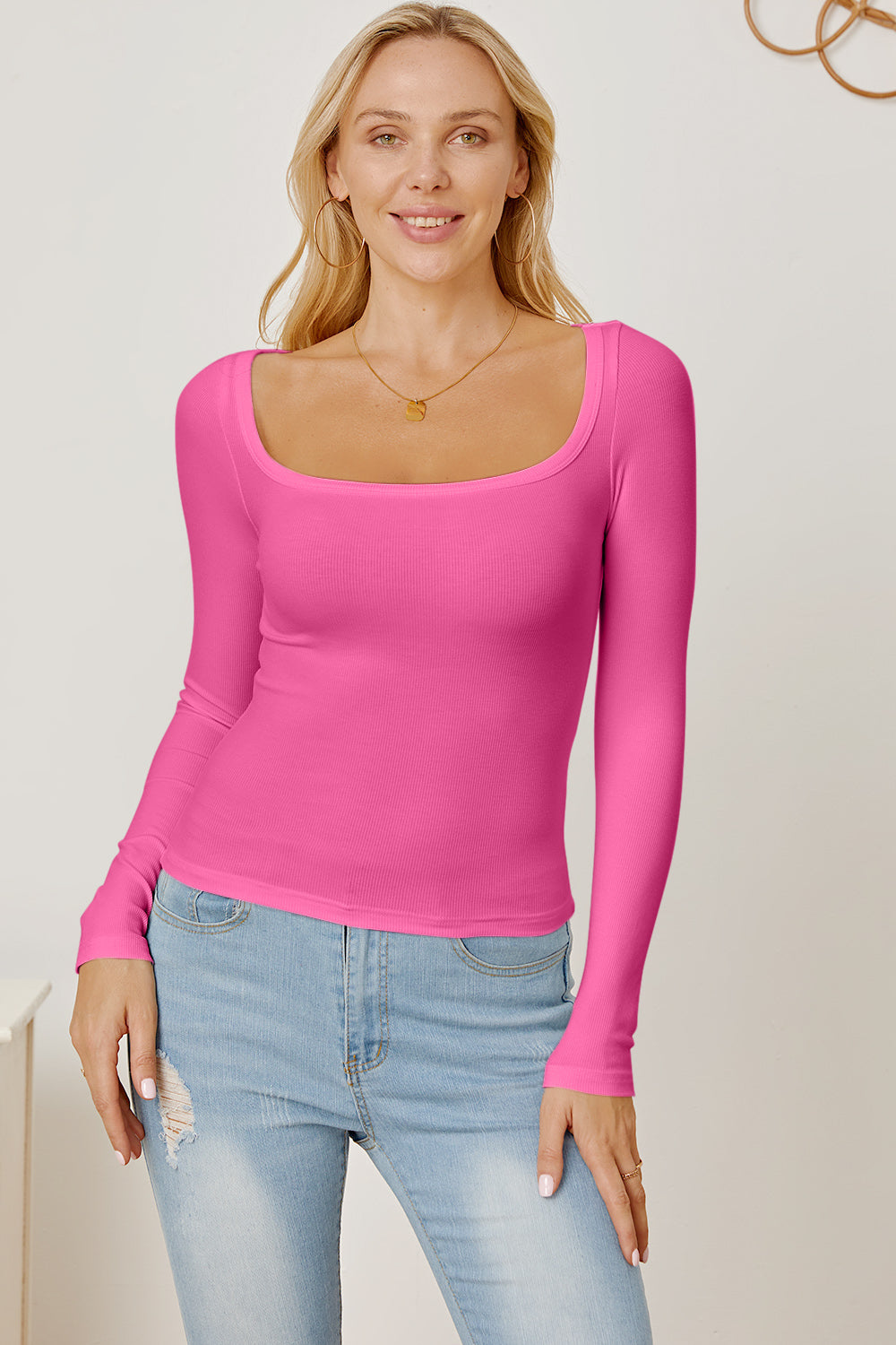 Square Neck Long Sleeve T-Shirt Pink