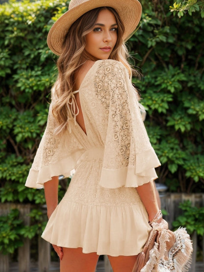 Lace Cutout Half Sleeve Mini Dress Cream