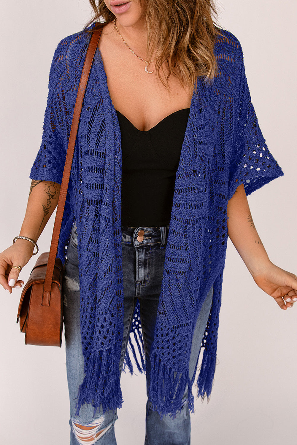 Openwork Open Front Cardigan with Fringes - Thandynie