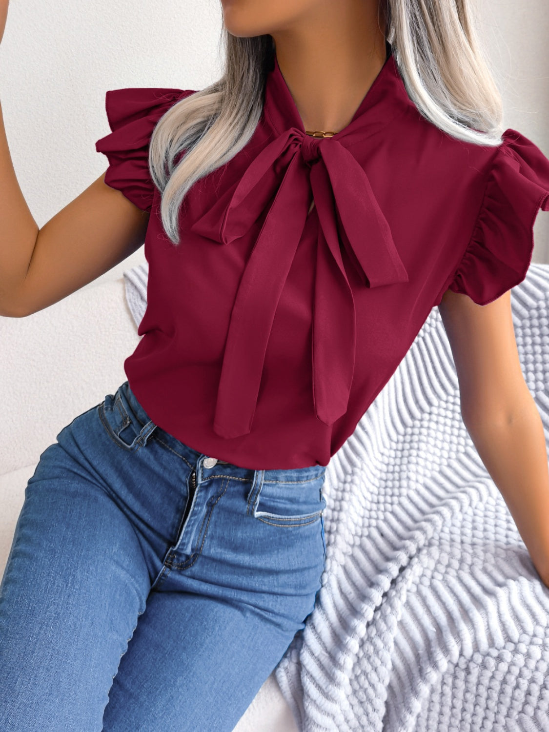 Tie Neck Cap Sleeve Blouse - Thandynie